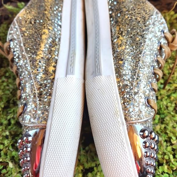 MIU MIU Gold Glitter Sparkle Silver Studs Toe Lace Up Flat Luxury Sneakers 40 - Picture 12 of 16